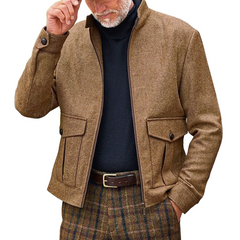 Men's Retro Stand Collar Herringbone Blend Zipper Jacket MTA0437L8X