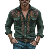 Men's Classic Retro Western Style Embroidered Faux Suede Slim Fit Long-Sleeve Shirt MTA0189L7K