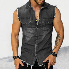 Men's Vintage Washed Raw Edge Lapel Sleeveless Denim Shirt 47486407M
