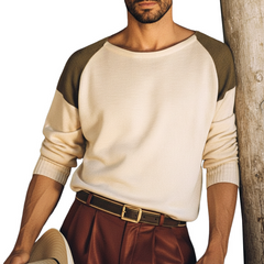 Men's Retro Color-Blocked Shoulder Crew Neck Casual Knit Sweater MTA1056K1U