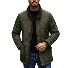 Men's Quilted Plaid Patchwork Stand Collar Corduroy Mid-length Coat MTA1930K5X