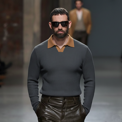 Men's Classic Casual Suede Collar And Waffle Long-sleeved Polo Shirt MTA2878K9K