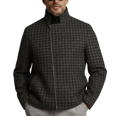 Men's Classic Retro Light Business Stand Collar Faux Houndstooth Wool Zip-Up Jacket MTA0480K5K