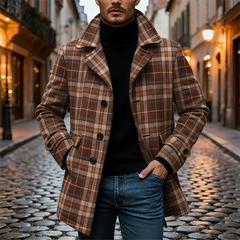 Men's Brushed Plaid Jacquard Lapel Mid-length Coat MTA2440K4X