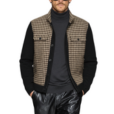 Men's Classic Casual Stand-up Collar Faux Houndstooth Patchwork Black Wool Jacket MTA0561K2K