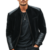 Men's Urban Black Velvet Patchwork PU Leather Zip-Up Jacket MTA1544K5U