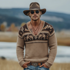 Men's Classic Retro Western Style Jacquard Deep V-neck Sweater MTA3019K1K