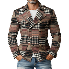 Men's Brushed Plaid Patchwork Lapel Double-breasted Blazer MTA2497K9X