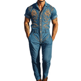 【24-hour shipping out】Men's Summer Fashion Casual Classic Western Style Tencel Denim Embroidered Jumpsuit MTA1244D2K