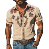 【24-hour shipping out】Men's Spring/Summer Fashion Retro Western Style Suede Embroidered Short Sleeve Shirt MTA1533D2K