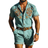 Men's Summer Fashion Casual Retro Western Style Tencel Denim Embroidery Jumpsuit (Without Belt) MTA1721D4K