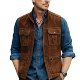 Men's Classic Stand-collar Zippered Suede Multi-pocket Vest MTA0129L9U