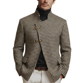 Men's Classic Retro Stand-up Collar Slanted Placket Metal Button Faux Houndstooth Wool Jacket MTA0876K0K