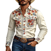 【24-hour shipping out】Men's Western Cowboy Style Embroidered Lapel Chest Pocket Long Sleeve Cotton Shirt 42207261Z