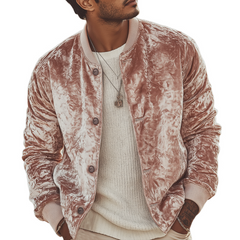Men's Urban Light Pink Velvet Button-up Baseball Jacket MTA0470L8U