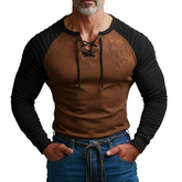 Men's Color Block Suede Stand Collar Tie-Neck Long-Sleeve T-Shirt MTA2298K9X