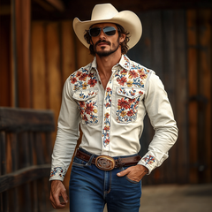 【24-hour shipping out】Men's Western Cowboy Style Embroidered Lapel Chest Pocket Long Sleeve Cotton Shirt 42207261Z