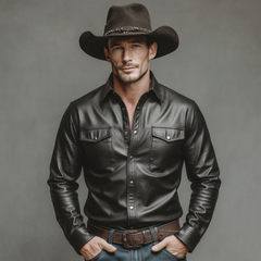 Men's Classic Retro Western Style PU Leather Long-sleeved Shirt MTA2296K2K