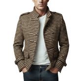 Men's Classic Retro Stand Collar Houndstooth Wool Single-breasted Slim-fit Jacket MTA1726I1K
