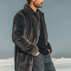 Men's Urban Warm Dark Gray Faux Mink Fur Button-up Coat MTA2578K6U