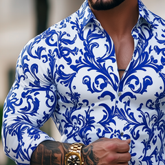 Men's Retro Casual Blue And White Porcelain Print Lapel Long Sleeve Shirt MTA3023G4TO