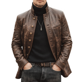 Men's Retro Stand Collar Multi-Button Distressed Patchwork Crocodile Texture PU Leather Jacket MTA1968K4U