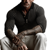 Men's Classic Polo Collar Black And White Striped Slim Fit Sweater MTA0760K5K