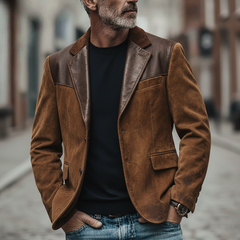 Men's Retro Patchwork Faux Suede Lapel PU Blazer MTA2207K5X