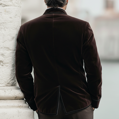 Men's Retro Stand Collar Diagonal Button Single Vent Velvet Jacket MTA2150K3U