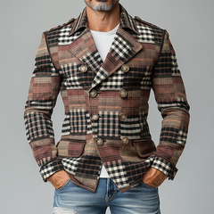 Men's Brushed Plaid Patchwork Lapel Double-breasted Blazer MTA2497K9X