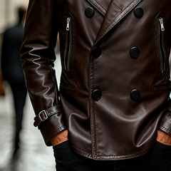 Men's Retro Solid Color Lapel Double-Breasted PU Mid-Length Leather Coat MTA1113K6X