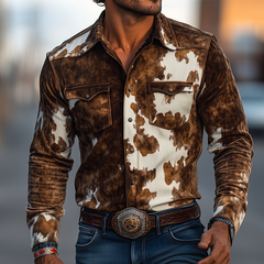 Men's Retro Casual Western Style Cow Print Suede Lapel Long Sleeve Shirt MTA1964H9TO