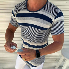 Men's Spring and Summer Casual Horizontal Stripe Knit Short Sleeve T-Shirt MTA1978C7K