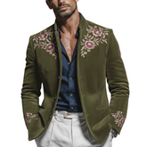 Men's Classic Retro Embroidered Corduroy Stand Collar Jacket MTA2971K4K