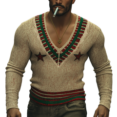 Men's Winter Retro Cotton Yarn Knitted Jacquard V-Neck Sweater MTA2983K9P