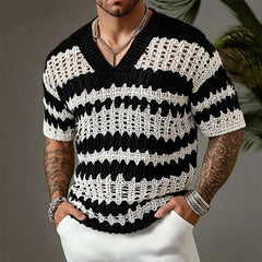 【24-hour shipping out】Men's Knitted Contrast Color V-neck Short-sleeved Sweater T-Shirt 14944957X