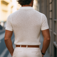 Men's Solid Hollow Out Plaid Knit Lapel Short Sleeve Polo Shirt MTA1865F2Z