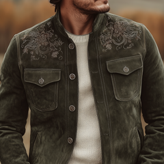 Men's Classic Retro Western Style Embroidered Stand-up Collar Faux Suede Jacket MTA2426K5K