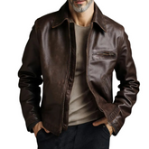 Men's Retro Casual Distressed PU Lapel Zip-Up Jacket MTA1277K5TO