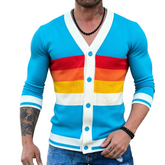 Men's Retro Casual Rainbow Striped Knit Color Block Shirt Cardigan MTA0679K8TO