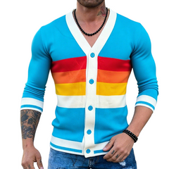 Men's Retro Casual Rainbow Striped Knit Color Block Shirt Cardigan MTA0679K8TO