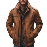 Men's Retro Solid Color Lapel Zipper PU Jacket MTA0535K9X