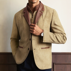 Men's Vintage Casual Faux Leather & Suede Double Collar Western Style Jacket MTA3036I7TO