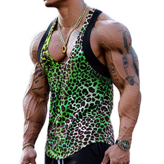 【CLEARANCE】Men's Sexy U-Neck Leopard Print Cotton Blend Patchwork Tank Top 03756297M
