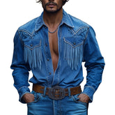 【24-hour shipping out】Men's Retro Western Cowboy Tassel Stitching Denim Long Sleeve Shirt 10742814U