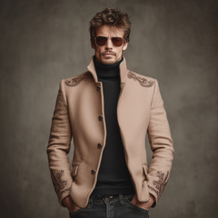 Men's Classic Retro Stand Collar Embroidered Pink Faux Woolen Jacket MTA0664K2K