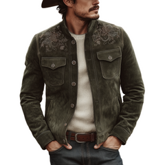 Men's Classic Retro Western Style Embroidered Stand-up Collar Faux Suede Jacket MTA2426K5K