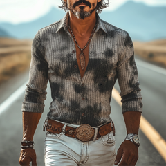 Men's Classic Retro Western Style Printed Ribbed Slim-fit Long-sleeved Shirt MTA0138L0K