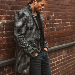 Men's Classic Gray Plaid Faux Wool Two-button Mid-length Coat MTA2709K4U