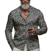 Men's Classic Casual Rugged Denim Jacquard Leopard Print Long-sleeved Shirt MTA3061K4K